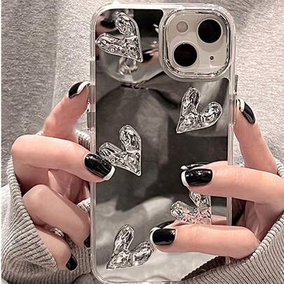 1 件银色金属镜，带 5 件心形装饰，兼容三星和苹果智能手机