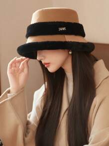 1pc Fleece Patchwork Bucket Hat, Warm Thick Windproof Earflap Beanie Suitable For Autumn And Winter Everyday Use Winter Outfits