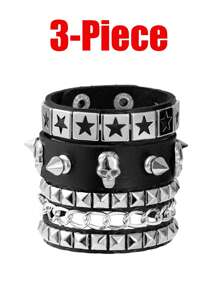 Xiacheng 1/3pcs Punk Leather Bracelet, Unisex, 80s Style Gothic Punk Rock Bangle, Open Cuff Bracelet, Suitable For Party Gift Accessories - Silver - View 14