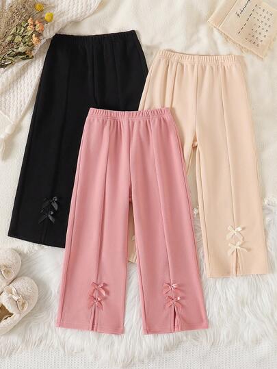 3 件套年轻女孩纯色蝴蝶结拼接喇叭裤，休闲款