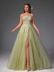 VIPGIRL Mint Green Sequin Sheer Asymmetric Formal Evening Gown, High Slit Design, Shiny Formal Maxi A-Line Prom Dress, Suitable For Women, Formal Occasions, Bridesmaids, Pageants, Wedding Guests - Lime Green - View 8