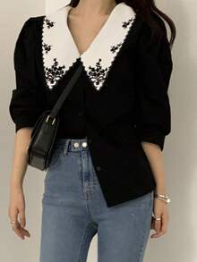 Blusa con cuello grande bordado de estilo retro y camisa holgada de manga corta con contraste de colores y estilo francés de corte imperial para mujer. - Negro - Ver 4