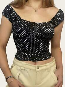 Women's Y2K Polka Dot Milkmaid Tops Cap Sleeve Square Neck Tie Front Ruched Bust Slim Fit Shirts Vintage Casual Going Out Tops Streetwear Coquette Aesthetic Clothes Summer Tee - 黑色 - 查看 4