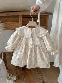 1pc Young Girl' Casual Floral Embroidered Long Sleeve Dress, Comfortable & Fashionable For Autumn - Apricot - View 3
