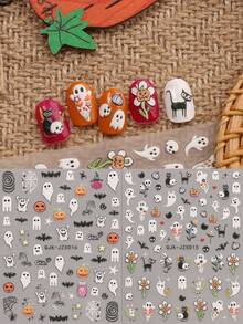 2 件可爱卡通万圣节美甲浮雕贴纸 - 鬼魂、南瓜、蜘蛛、小鬼和花朵图案，女士自粘美甲贴花，5D 浮雕饰面，可爱、有趣和卡通主题，易于粘贴指甲装饰、DIY、节日礼物、派对风格 - 彩色 - 查看 1