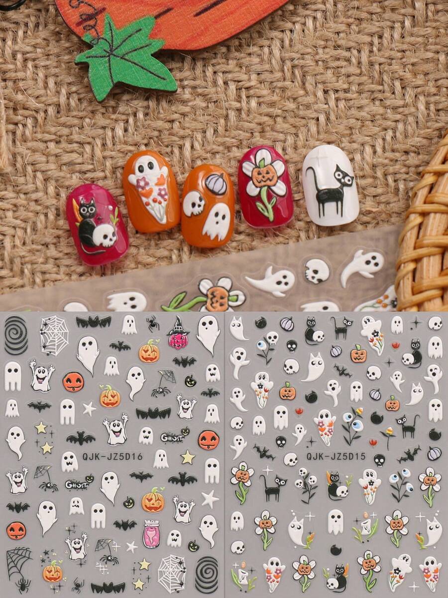 2 件可爱卡通万圣节美甲浮雕贴纸 - 鬼魂、南瓜、蜘蛛、小鬼和花朵图案，女士自粘美甲贴花，5D 浮雕饰面，可爱、有趣和卡通主题，易于粘贴指甲装饰、DIY、节日礼物、派对风格 - 彩色 - 查看 1