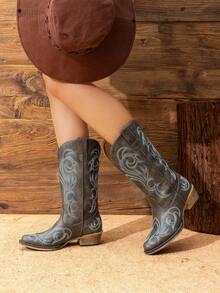Women's Mid Calf Cowgirl Boots Cowboy Boots Pointed Toe Fashion Slip-On Chunky Heel Embroidery Stitched Western Brown Boots For Festival Party Shoes - 棕色 - 查看 3