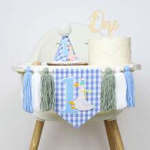 [INS Style Big Goose Theme] 1 Year Old Baby Birthday Party Decorations - Wooden Bead Tassel Garland + Cute Blue Birthday Hat, Boho Style 1st Birthday Party Props, Baby Photo Shoot Background Decor