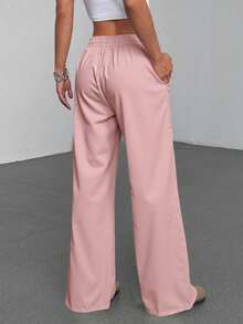 Pantalon Mujer Deportivo Ancho Gris Oscuro Cintura Alta Elastica Cordón Ajustable Bolsillos Amplios Streetwear Lounge Athleisure Casual Moda Urbana Suave Ligero Transpirable Duradero - Rosa - Ver 2