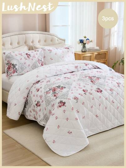3pcs Floral Print Polyester Fiber Boho Chic Vintage Style Quilt Set, Includes 1 Quilt And 2 Pillow Shams, Suitable For Home Bedroom, All Season Decoration, Bedroom Setting
