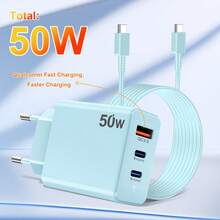 50W Fast Charger With 3 Ports USB C /Type C Wall Charger Phone Charger With 1 M Data Cable Compatible With Iphone 1615/Pro Max, IPad Pro, Oppo, Vivo - European Plug(Blue) Nan Fast Charging - EU C Type Plug(220-240V) - View 2