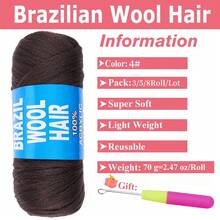 3/5/8Roll Black Brazilian Wool Hair Yarn For Hair Crochet Braiding Braid Twist Warps Senegalese Twisting Jumbo Braids Faux Locs Box Braids Knitting Hair Braids 70G/Roll - Black Brown - View 3