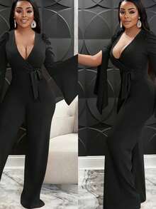 Plus Size Women's Black Minimalist Sexy Elegant Fashion V-Neck Tie Design Asymmetrical Split Long Sleeve Jumpsuit, Suitable For Birthday, Party