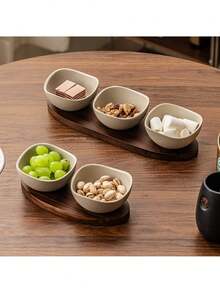 2/3/4 Compartment Rustic Ceramic Fruit Plate With Rosewood Tray, Snack Nut Serving Platter, Cake Slice & Fruit Display Plate, Suitable For Home, Restaurant, Birthday, Party - Stoneware+Brown - View 3