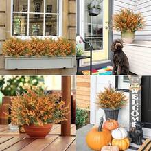 6/12 Packs Decorative Artificial Fall Flowers Durable UV Resistant Autumn Faux Plastic Plants Reusable Yellow Greenery Plant For Home Wedding Garden Fireplace Outdoor Decoration