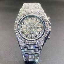 1pc New Men's Hip-Hop Watch Date Party Dial Large Diamond Green Ice Diamond Clock Fashionable Quartz Watch Luxurious Men's Luminous Hand Clock - one-size - View 8
