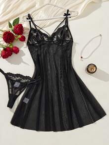 Women's Two-Piece Wine Red Palace Mature Charm - Gorgeous Sexy Nightdress, Embroidered Bow Bra, Soft And Comfortable Home Clothes, Suitable For All Seasons Semi-Transparent Thin Skirt, Christmas And Halloween Gifts - 黑色 - 查看 5