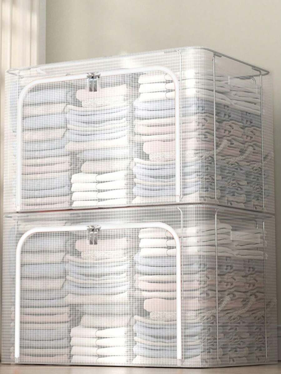 1个24升/66升/80升透明PVC储物箱，大型防水钢架家用衣物床上用品收纳箱，可折叠衣柜储物箱，适用于卧室