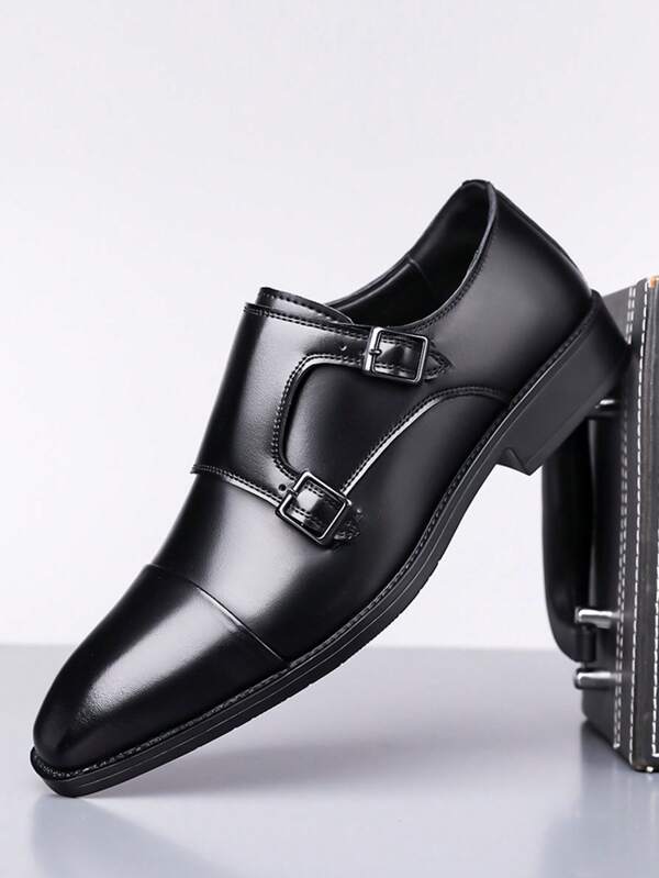 Zapatos de hebilla de monje para hombres, negro, diseño de doble hebilla, zapatos de vestir elegantes y vintage para negocios, fiestas, bodas, estilo caballero versátil, zapatos formales de oficina con diseño clásico inglés retro