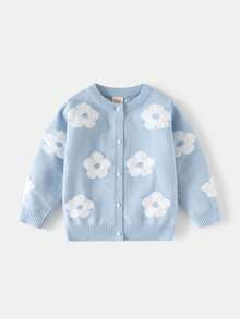 Girls' Sweater Cardigan, Single Layer Core-Spun Yarn, Faux Mink Floral Pattern, Autumn/Winter, Toddler & Little Kid