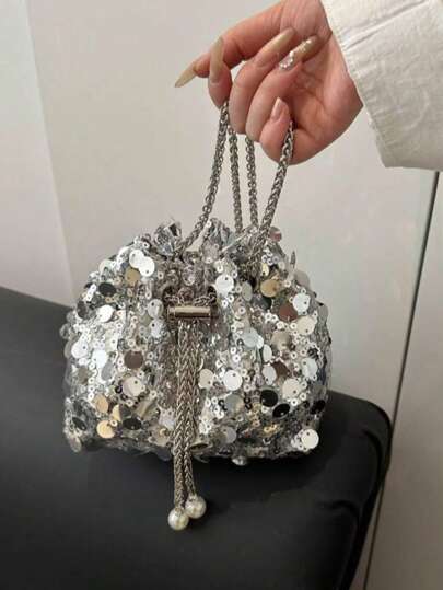 1pc Shiny Gold Sequin Drawstring Closure PVC Strap, Decorative Colorful Beaded Women's Bucket Shoulder Bag, Fashion Gift Suitable For Party Dresses, Graduation Gowns, Sequin Dresses, Elegant Dresses