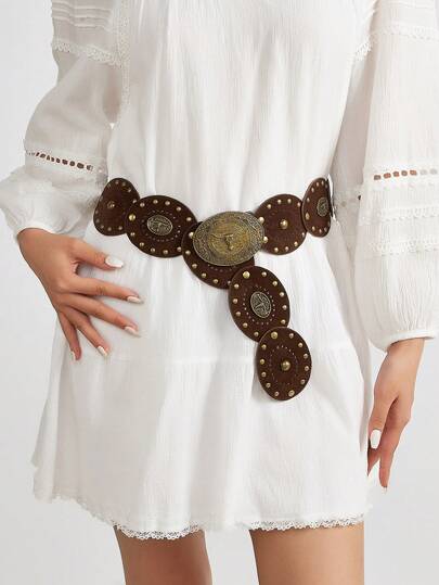 1件装女士波西米亚风高端时尚装饰宽腰带，适合搭配连衣裙、裤子，复古铆钉腰带