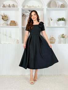 BrasOutlet Vestido Midi Godê Elegante com Laços no Ombro - Veste 38 a 42 - Preto - Visão 4