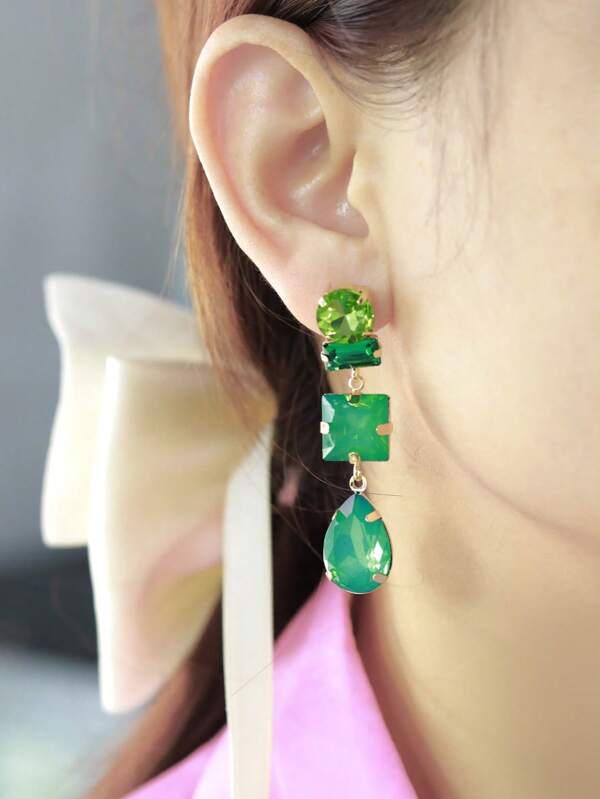 1 Pair Random Color Cubic Zirconia Glass Stone Pendant Earrings