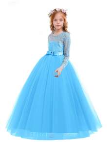 Flower Girls Dress Long Lace Bridesmaid Dress 3/4 Sleeves Floor Length Wedding Party Evening Formal Pegeant Maxi Tulle Ball Gowns - Màu xanh lam - Xem 2