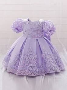 Baby Girls Embroidered Tulle Cute Flower Girl Princess Dress, Suitable For Holiday Celebration Formal Wear, Fabric Floral Pattern Randomly Cut, Headband Not Included - Mauve Purple - View 6