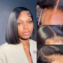 Easy-To-Wear Glueless Bob Wig - 200% Density Human Hair With Pre-Plucked 4x4 HD Lace Closure Front Wigs, Straight Cut For Beginners, Women's Sleek Black Bob Style, Short Hair Wig - Natural Black - 查看 3