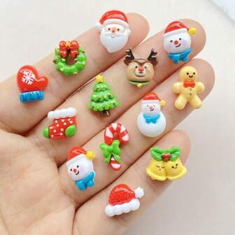 14/30 件卡通迷你圣诞美甲工艺套装 - 彩色树脂微型模型、可爱的雪人、姜饼人、树、圣诞老人、驯鹿和蝴蝶结设计 - 非常适合美甲 DIY、剪贴簿和节日装饰