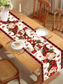 1 pieza 35*180cm/13.78*70.87 pulgadas Camino de mesa de poliéster con tema de gnomo de chocolate caliente, patrón de gnomo a cuadros rojos, cubierta de mesa de comedor navideña para fiesta festiva, decoración de mesa de cocina de Año Nuevo