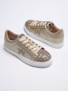 1 Pair Women's Casual Sneakers, Thick Sole Color Block Fashion Skateboard Shoes, Lightweight Comfortable Minimalist Design Casual White Shoes, Autumn/Winter,Trainers Women - Gold - View 4