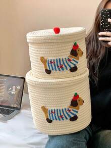 棉织大容量带盖防尘收纳桶，卡通可爱小狗图案家居收纳篮 - 彩色 - 查看 4