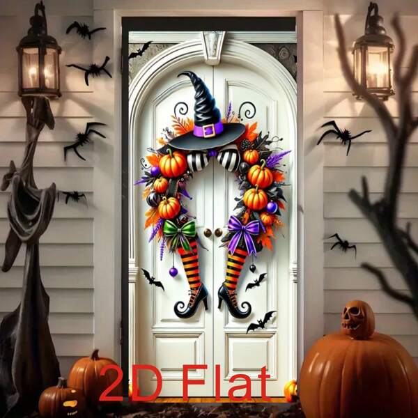 1 件 2D 平面万圣节白色门装饰花环女巫帽南瓜蝙蝠门横幅适用于节日派对门罩装饰摄影横幅道具佩戴金属扣涤纶材料