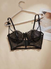 Sexy Lingerie Summer Cool And Breathable Women's Romantic Black Knitted Embroidered Petals With Bow Double Layer Inner Cloth Can Be Wearing Externally Single Piece Set Sexy Bra, Nightclub Daily Outing, Party Dinner Dressing Artifact