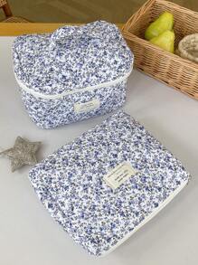 1 pieza Bolsa acolchada de gran capacidad con estampado floral azul de uso múltiple, bolsa de maquillaje de moda y casual con cremallera portátil, esencial para viajes, almacenamiento de papelería, vacaciones, cosméticos, productos de belleza, decoración del hogar, para mamá, mujeres, enfermeras, estudiantes, niñas escolares, llaves, regalos festivos
