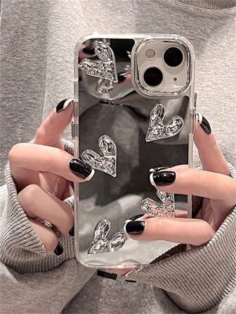 1 pièce Miroir en métal argenté avec 5 pièces de décoration en forme de cœur, compatible avec les smartphones et Apple