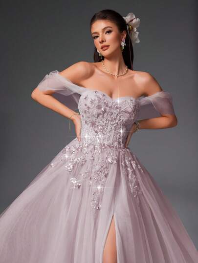 VIPGIRL Pink Off Shoulder Tulle Prom Dress With Appliques, Sweetheart A-Line Formal Evening Gown With Slit, Princess Ball Gown For Women, Graduation, Gala, Wedding Guest