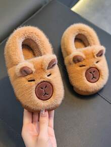 1 Pair Kids Capybara Plush Cartoon Decor Soft Bottom Lightweight Indoor Slippers, Suitable For Boys And Girls, Backless And Warm For Indoor Wear - Coffee Brown - View 5