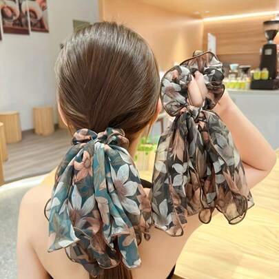 2pcs Vintage French Floral Print Elegant Bow Hair Scrunchies, Sweet Style Mesh Ponytail Clips, Multifunctional Black And Dark Green Hair Ties Set