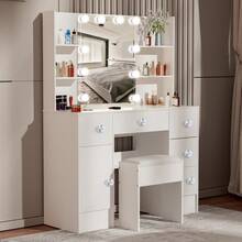 Dressing TABLE 100cm Vanity Set With LED Mirror, Stool, Drawers And Crystal Handle, Shelves, Side Cabinet, Dressing Table Set With LED Illuminated Mirror For Bedroom – White Makeup TABLE Furniture - Weiss - Übersicht 5