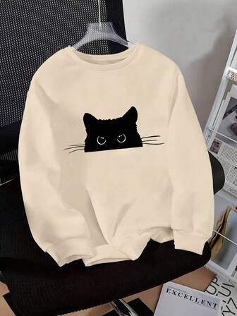 ティーンガールズ 隠れ猫ヘッド柄 カジュアル クルーネック スウェットシャツ、秋冬シーズンに適しています、旅行、パーティー、学校に合わせられます