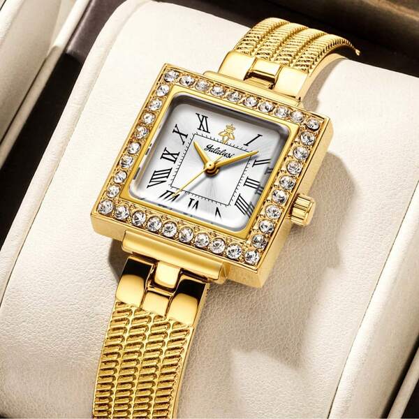 YaLaLuSi YaLaLuSi Brand 1 Piece Elegant And Exquisite Square Ladies Quartz Watch Classic Roman Scale Hour Markers With Simple Bar Scale Fashionable Atmosphere Sparkling Rhinestones Around The Square Dial Luxurious Temperament Lightweight And Comfortable Wristband Design Comes With A Strap Adjuster Accessory Care Cloth First Choice For Women Mom, Girlfriend, Friends Birthday Gift