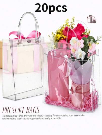 20 piezas Bolsas de regalo de plástico transparente reutilizables con asas, bolsas de transporte de plástico PVC para empaquetar regalos para fiestas, celebraciones, San Valentín, bodas y cumpleaños, también se pueden usar como bolsas de compras, bolsas de fiesta de cumpleaños y de boda, bolsas de transporte de boda, bolsas de fiesta