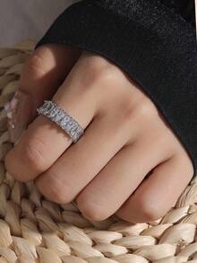 5pcs Elegant Cubic Zirconia Flower Open Copper Ring Set, Suitable For Women's Daily, Party And Wedding Wear - Silver - View 11