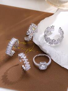 5pcs Elegant Cubic Zirconia Flower Open Copper Ring Set, Suitable For Women's Daily, Party And Wedding Wear - Silver - View 2