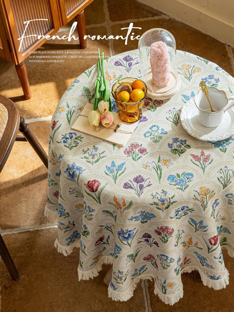 1 件优雅流苏桌布，矩形或圆形，花卉和复古图案，多种尺寸可选，适用于咖啡桌、厨房、家居装饰、派对和节日礼物、圆形桌布、秋季装饰、秋季装饰、房间装饰 - 米色 - 查看 1
