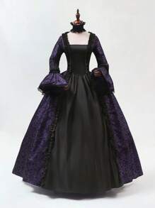 New Vintage Palace Style Printed Long Dress, Victorian Costume Performance Dress Halloween Costumes